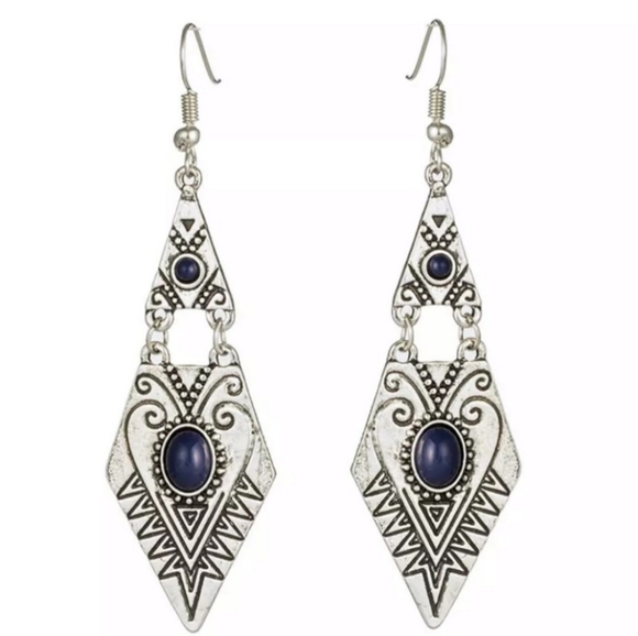 Diamond Shape Boho Statement Earrings With Dark Blue Faux Stone - Picture 7 of 7